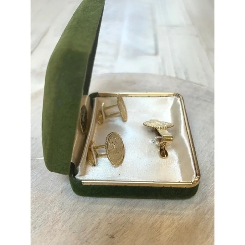 Stag Sagittarius‎ Zodiac Gold Tone Cufflinks Tie Clip Set Vintage Gift